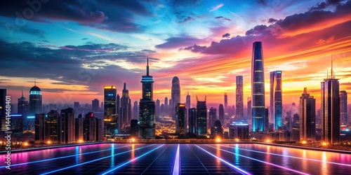 Futuristic Panoramic Skyline at Sunset, neon lights, cityscape at dusk