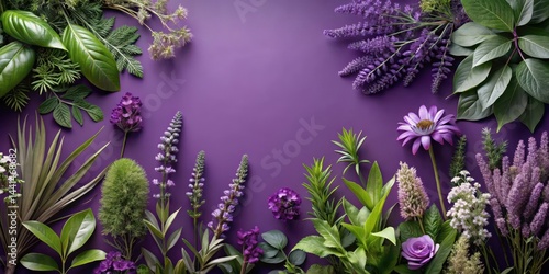 Dense foliage on a rich plum purple background with various shades of lavender and lilac , Botanical Images, Nature Photos