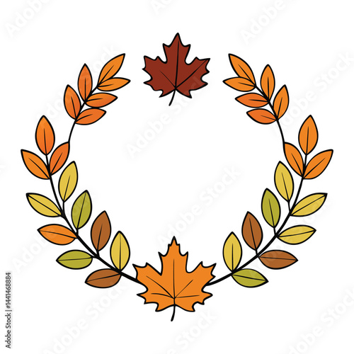 A delicate watercolor autumn wreath featuring vibrant fall leaves and graceful branches in warm hues, perfect for seasonal decor and rustic, nature-inspired designs.
