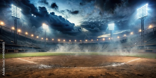 An abandoned baseball field at dusk with dense smoke billowing from the infield and dust coating everything under the bright stadium lights, overcast baseball, nighttime sports