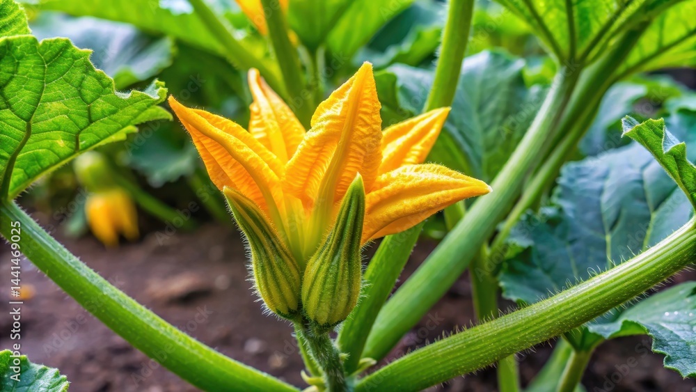Obraz premium Zucchini flower with yellow petals and green leaves in a vegetable garden, bloom, garden, bloom, garden, gardenia, gardening