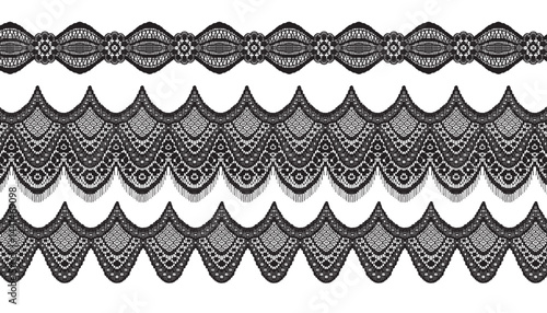 Three scalloped lace trims, with the middle one having fringe.