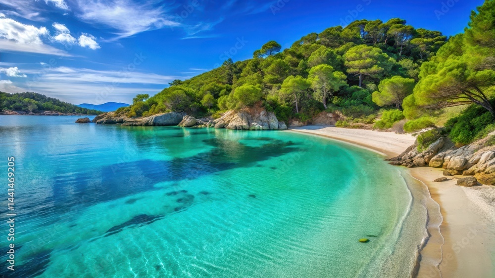 Fototapeta premium Turquoise waters gently lapping against a pristine white sandy beach on Porquerolles Island, surrounded by lush greenery and towering limestone cliffs , porquerolles island, south france