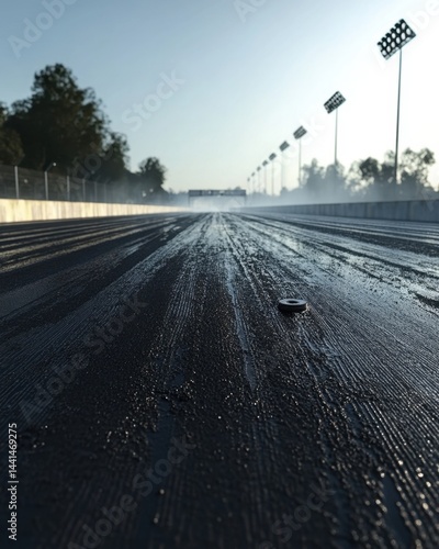 Asphalt Drag Strip Perspective at Dawn with Racing Lights and Distant Finish Line Capturing Speed and Competition in a Low Angle Shot for Stock Photography