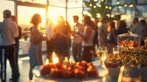 People socializing and enjoying appetizers and drinks at a warm, sunlit indoor gathering during sunset, creating a relaxed and festive atmosphere