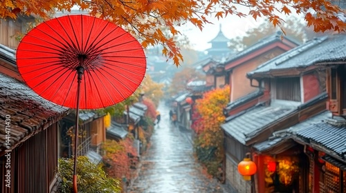 Autumn in Japan: A Red Umbrella on a Scenic Street