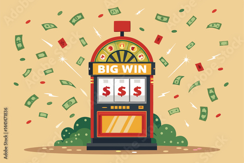 Euphoric person celebrating a massive jackpot win at a flashing slot machine, money raining down.  Joyful expression, bright lights, casino setting.