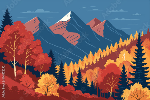 Majestic autumnal mountain range ablaze with vibrant red, orange, and yellow foliage. Dramatic lighting, sharp peaks.