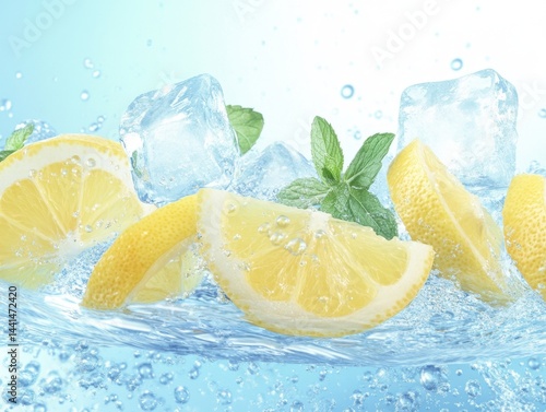 Refreshing lemon slices and ice cubes in sparkling water creating a cool and vibrant visual with a light blue background capturing a summer mood in food photography