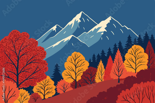 Majestic autumnal mountain range ablaze with vibrant red, orange, and yellow foliage.  Capture the bold, rugged beauty of the peaks.