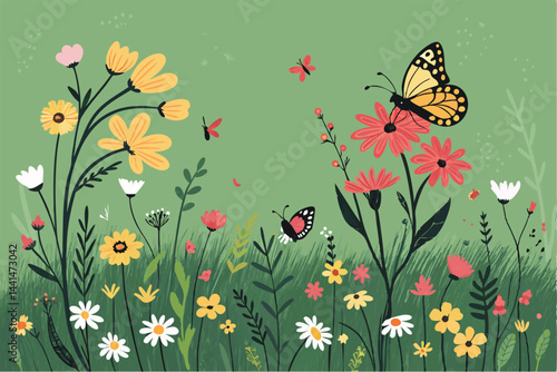 Vibrant summer meadow bursting with wildflowers, colorful butterflies flitting amidst daisies, poppies, and bluebells bathed in sunlight.