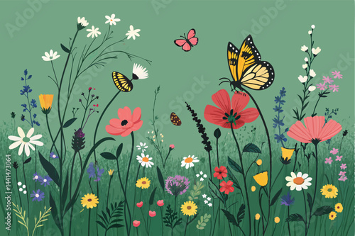 Vibrant sunlit meadow bursting with wildflowers, numerous butterflies fluttering amidst colorful blossoms.  Detailed, realistic painting.