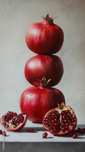 Still life painting of stacked pomegranates with halved fruits and scattered seeds on a gray surface artistic mood food photography
