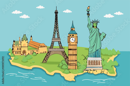 Create a whimsical cartoon vector map featuring iconic landmarks like the Eiffel Tower, Big Ben, and the Statue of Liberty, rendered in vibrant, playful colors.