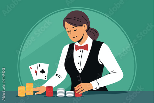 A professional female casino dealer, wearing a vest and bowtie, expertly deals cards at a casino table. Close-up shot emphasizing her focused expression and skillful hands.