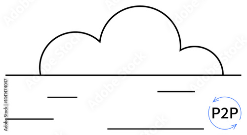 Cloud outline with horizontal data lines and P2P exchange arrows, symbolizing technology, digital sharing, and network collaboration. Ideal for cloud storage, peer-to-peer sharing, tech innovations
