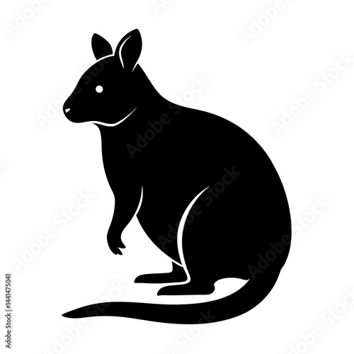 Black silhouette of a quokka, an Australian marsupial, sitting gracefully