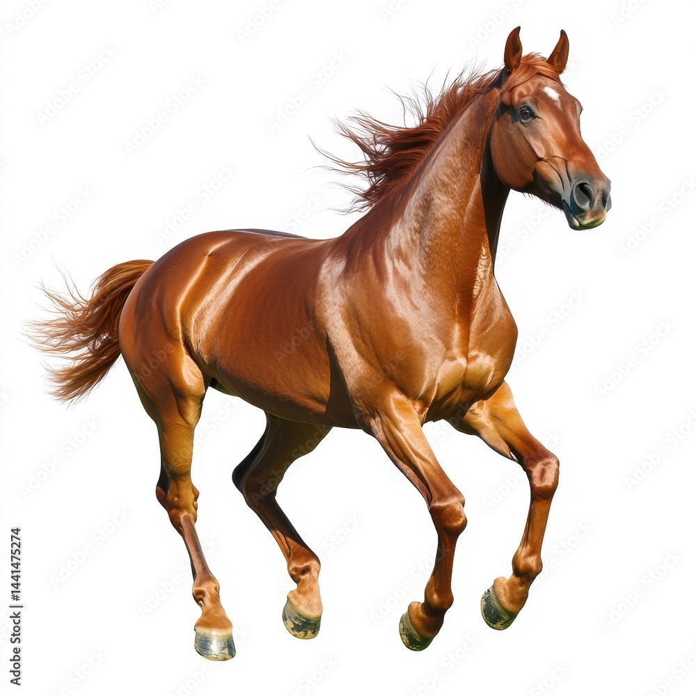 Obraz premium Majestic chestnut horse in dynamic gallop against white background captures power grace and freedom embodying equine beauty and athleticism in vibrant detail