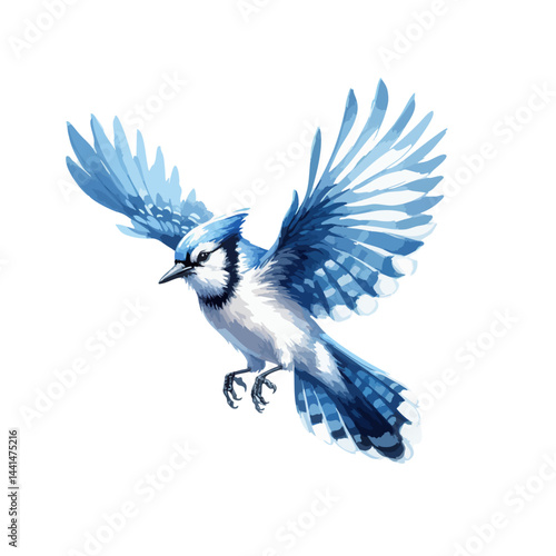 Handmade watercolor of a Blue Jay standing, featuring vivid blue feathers and soft brushstrokes, isolated on a clean white background for versatile designs