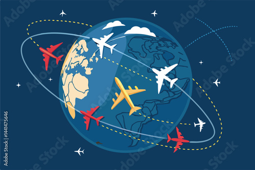 Create a vibrant vector illustration of a spinning globe with airplanes encircling it, symbolizing global air travel and connectivity.  Focus on a clean, modern aesthetic.