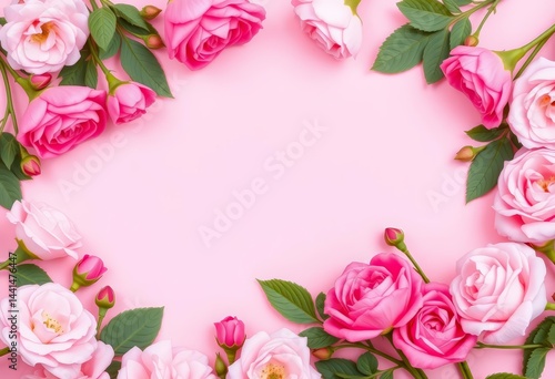 Pink ranunculus and rose buds frame a pink background Flat lay floral border, beautiful, pink background
