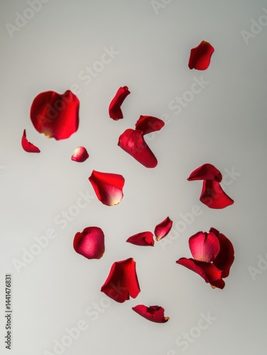 Romantic floating red rose petals against soft white backdrop evoking love passion and beauty in a minimalist style perfect for valentines day and wedding themes