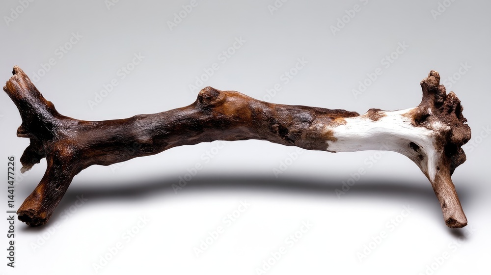 Fototapeta premium Natural gnarled tree branch with one end painted white resting on a plain white studio background.