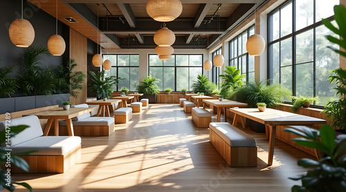 Fototapeta Naklejka Na Ścianę i Meble -  Japandi co working space with natural light and wooden furniture creates serene environment for productivity and collaboration