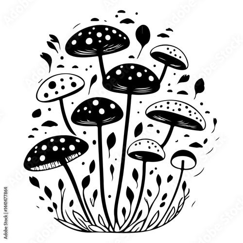 Monochrome depiction of fanciful fungi cluster, evoking a whimsical woodland scene