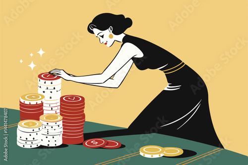 A sophisticated woman in a chic black dress delicately adjusts a high stack of poker chips at a casino table.