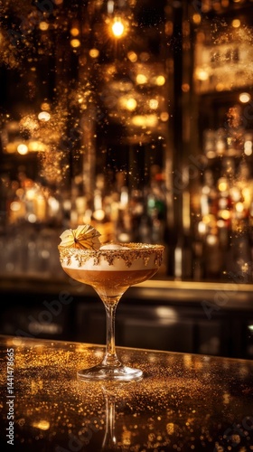 Obraz na płótnie Sparkling golden cocktail on bar counter with physalis garnish and shimmering bokeh background elegant and festive celebration drink photography w salonie
