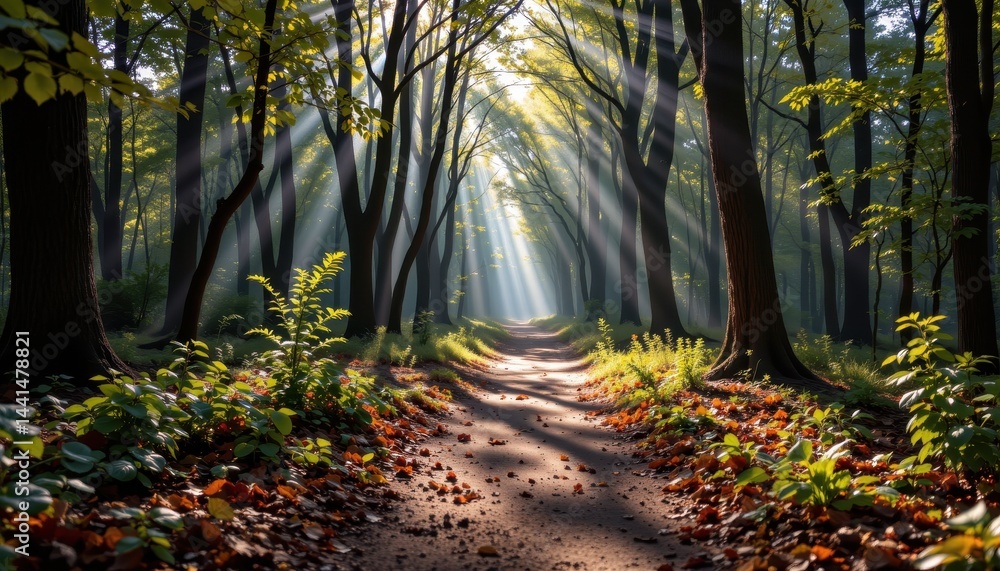Obraz premium Sunbeams Illuminate a Serene Forest Path Magical Autumn Woodland Scene
