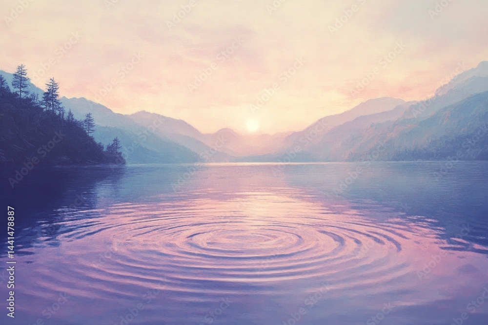 Serene lake ripple at sunset with mountains in soft pastel hues creating a peaceful and tranquil atmosphere with a painterly texture and calm mood