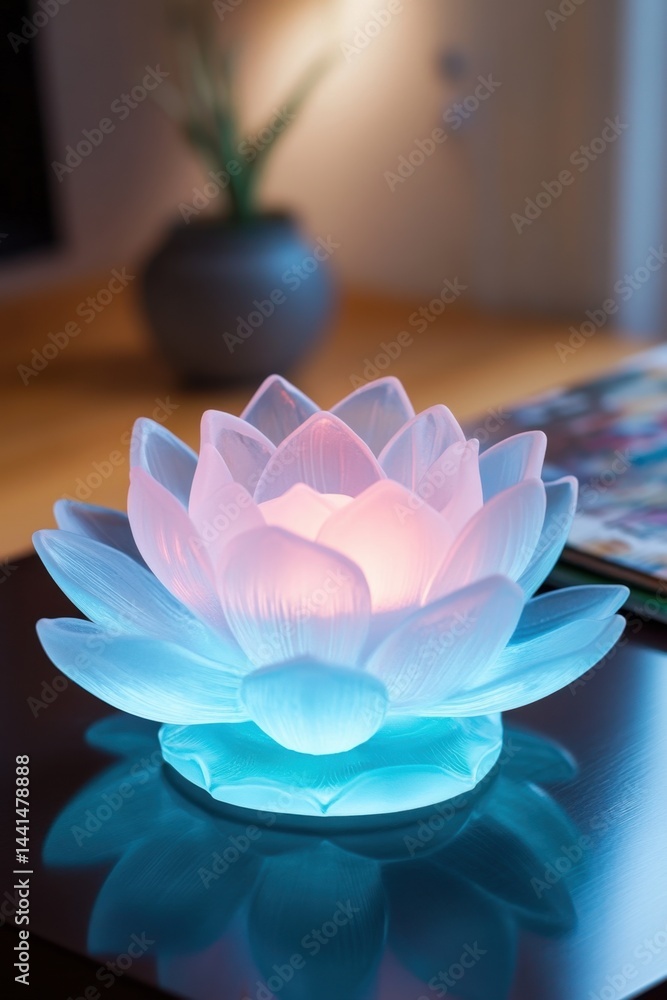 Illuminated lotus flower lamp casting a soft glow in a serene setting creating a tranquil atmosphere with its delicate petals and smooth surface for relaxation