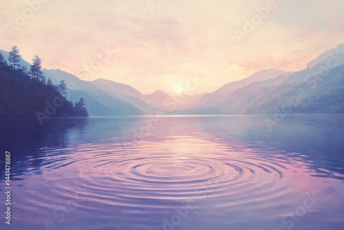 Obraz na płótnie Serene lake ripple at sunset with mountains in soft pastel hues creating a peaceful and tranquil atmosphere with a painterly texture and calm mood w salonie
