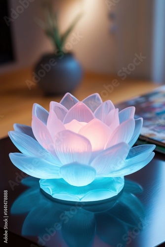 Illuminated lotus flower lamp casting a soft glow in a serene setting creating a tranquil atmosphere with its delicate petals and smooth surface for relaxation