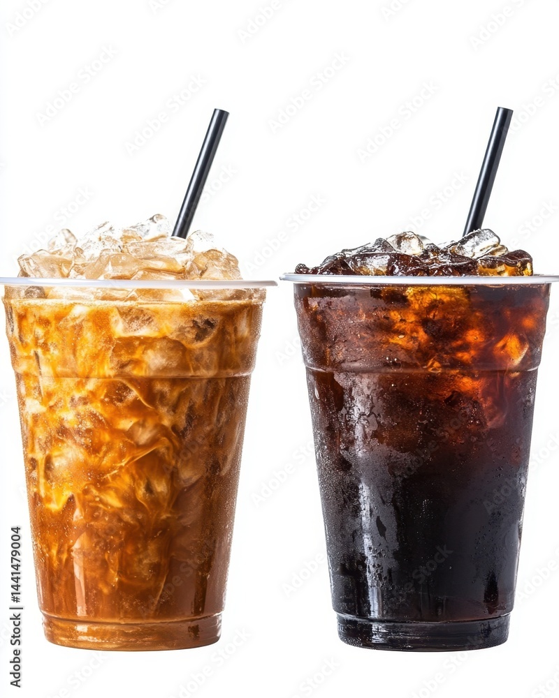 Refreshing iced coffee duo with straw in plastic cups on white background perfect for summer beverage concept and cafe menu illustration with cool vibes