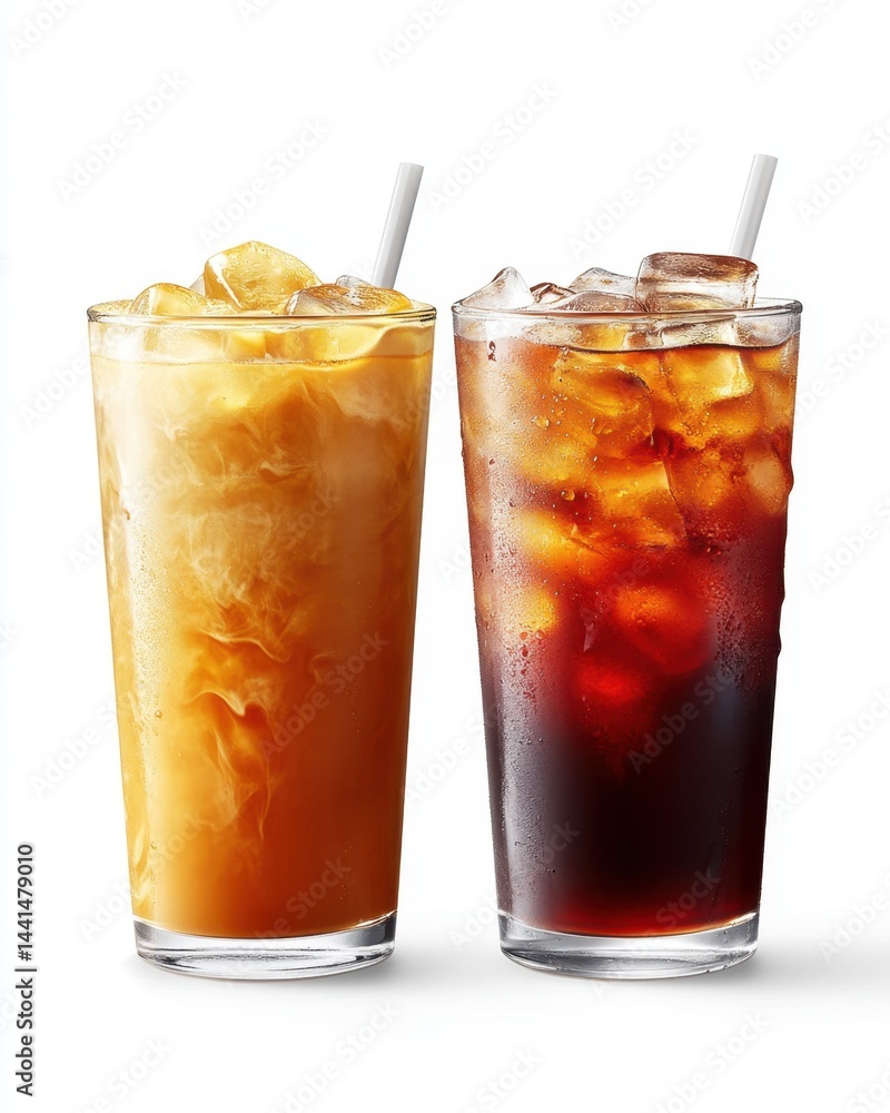 Refreshing iced coffee beverages in tall glasses with ice cubes and straws against a clean white background creating a cool and inviting visual perfect for summer promotions