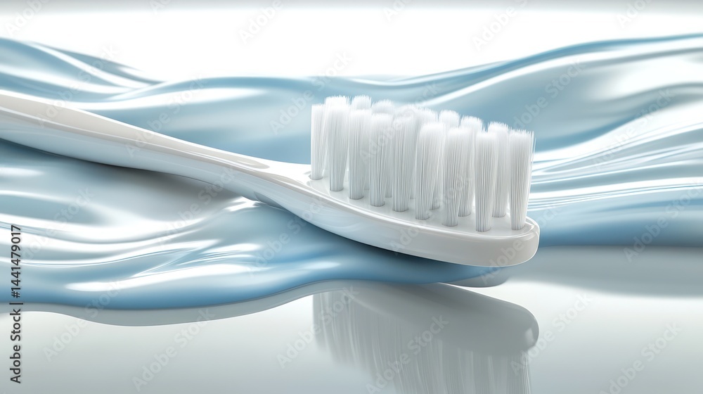 White toothbrush on flowing blue liquid surface White toothbrush on flowing blue liquid surface