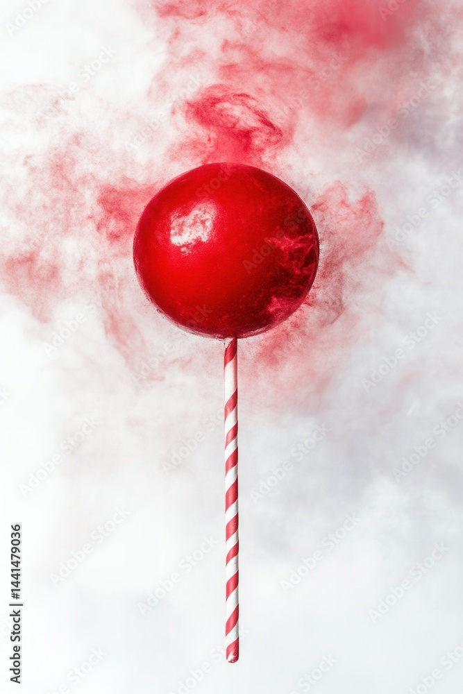 Red sphere on striped stick amidst vibrant powder explosion against a soft white backdrop creating a striking visual contrast and dynamic composition