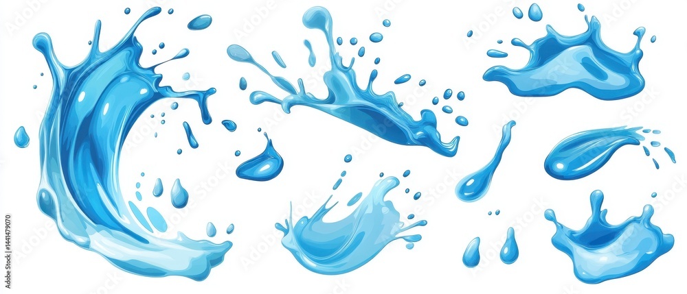 Captivating blue water splash collection on white background showcasing dynamic movement and refreshing purity in detailed vector illustration for design elements