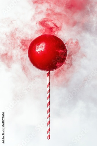 Obraz na płótnie Red sphere on striped stick amidst vibrant powder explosion against a soft white backdrop creating a striking visual contrast and dynamic composition w salonie