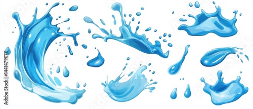 Obraz na płótnie Captivating blue water splash collection on white background showcasing dynamic movement and refreshing purity in detailed vector illustration for design elements w salonie