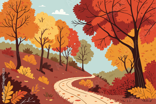 A vibrant autumn hiking trail winding through a forest ablaze with red, orange, and yellow foliage.  Sunlight filters through the canopy. Bold, warm tones dominate.