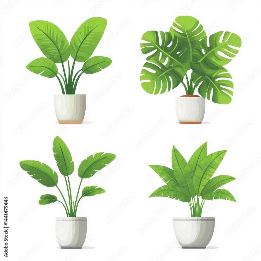 Four potted tropical plants in white pots against a clean white background showcasing lush green foliage and modern botanical illustration style for home decor