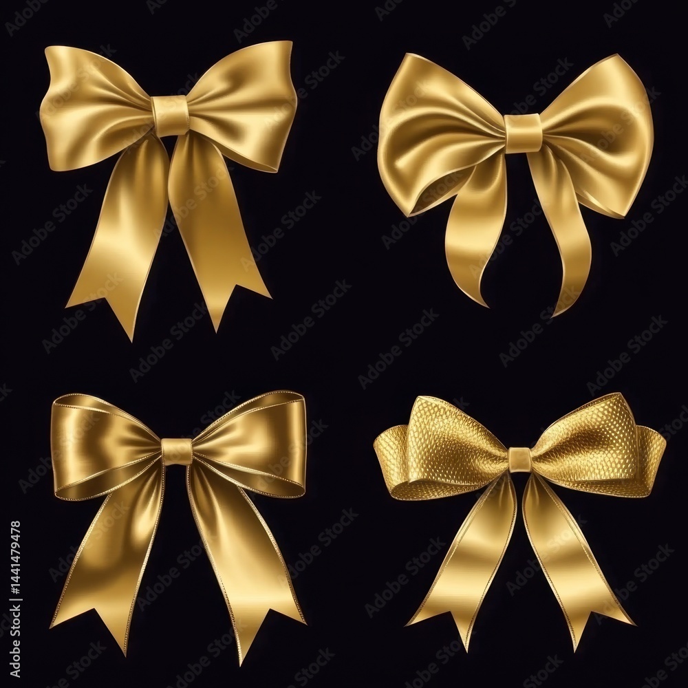 Collection of Golden Bows on Dark Background a Festive and Elegant Decoration for Gifts and Celebrations Capturing the Essence of Luxury and Sophistication