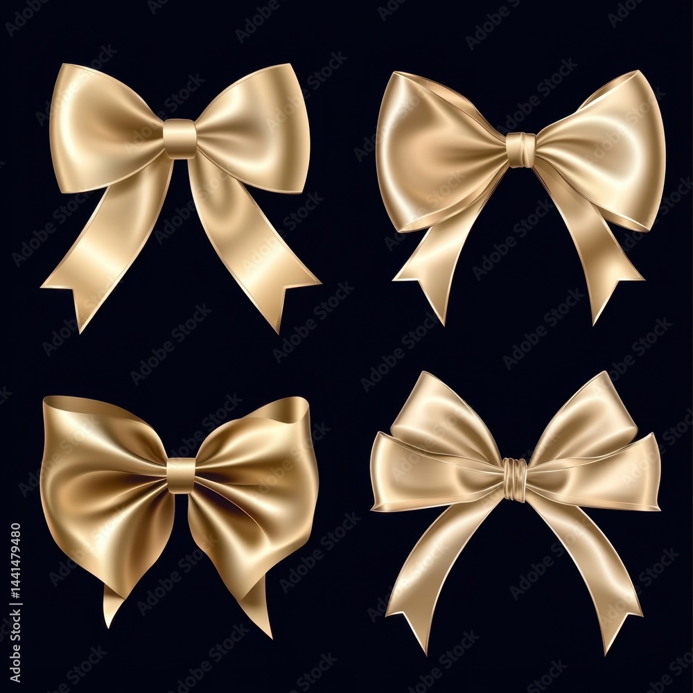 Elegant golden satin ribbon bows against a dark backdrop creating a festive and luxurious mood perfect for gift wrapping and holiday decorations in a studio shot