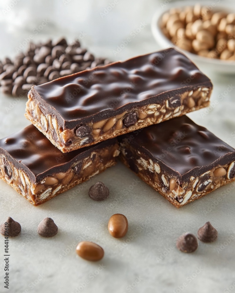 Delicious chocolate caramel protein bars stacked on marble surface with chocolate chips and caramel candies for healthy snack