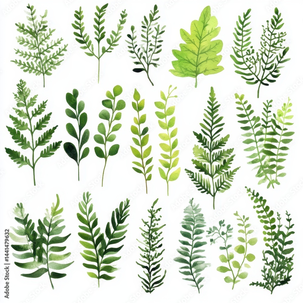 Watercolor Greenery Collection Featuring Ferns and Leaves for Botanical Designs and Springtime Themes with a Fresh and Natural Aesthetic on a White Background