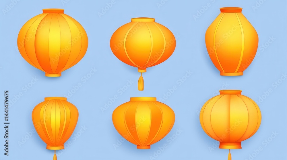 Collection of vibrant orange chinese lanterns against a soft blue backdrop creating a festive and cultural atmosphere with a smooth gradient and elegant design